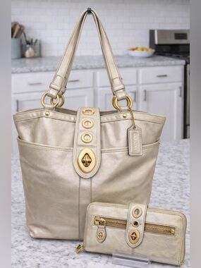 Coach Lily Legacy 65th Ann. Limited Edition Metallic Gold Leather Tote & wallet